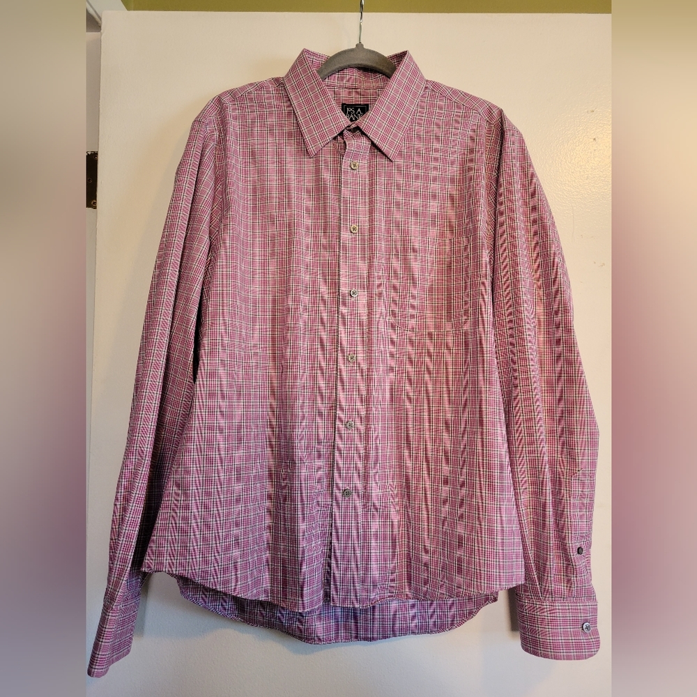 M's L Jos. A Bank Slim Fit Traveler Dress Shirt in Burgundy Plaid